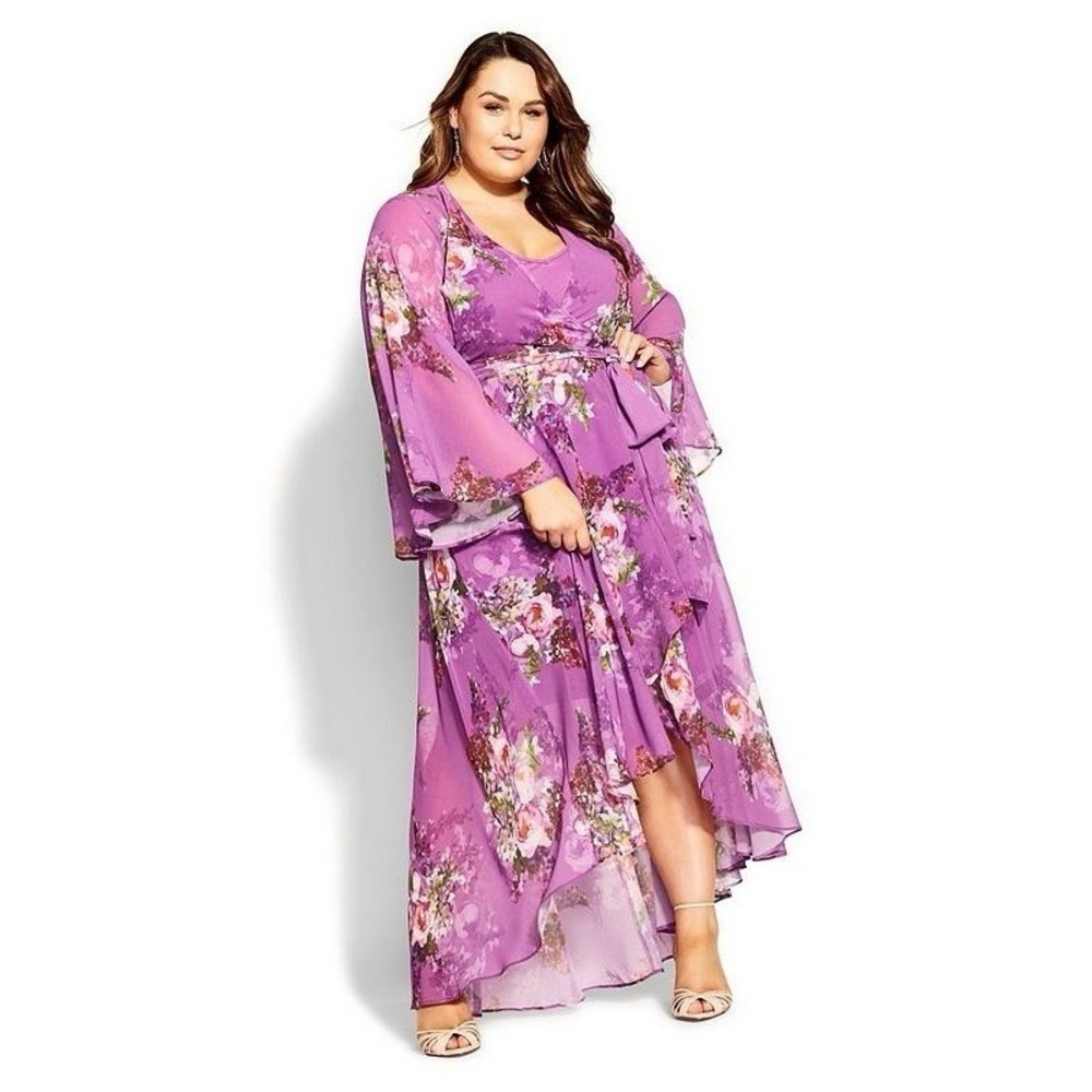 City Chic Womens Nora Maxi Duster Over Dress Size XL/22 Purple Floral Tie Waist